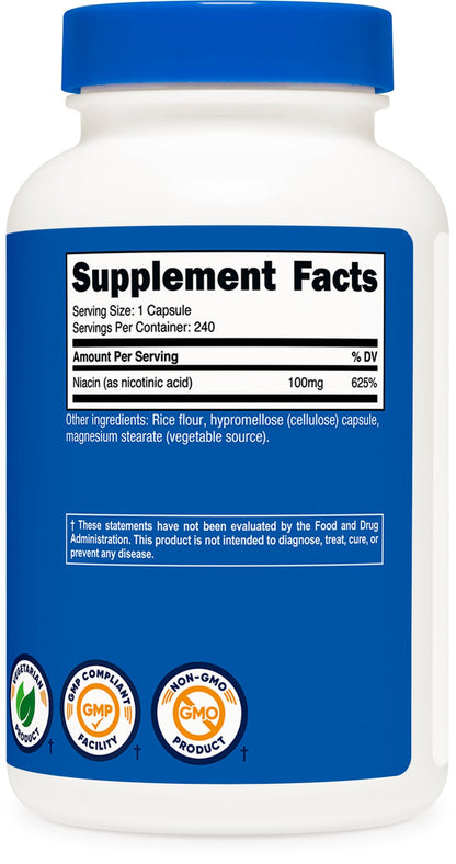 Nutricost Niacin 100mg – 240 Capsules | Gluten Free, Non-GMO