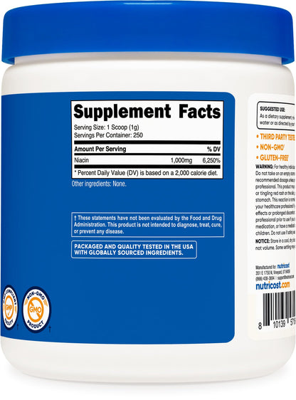Nutricost Niacin Vitamin B3 Powder 250g – 1g Per Serving – May Cause Flush