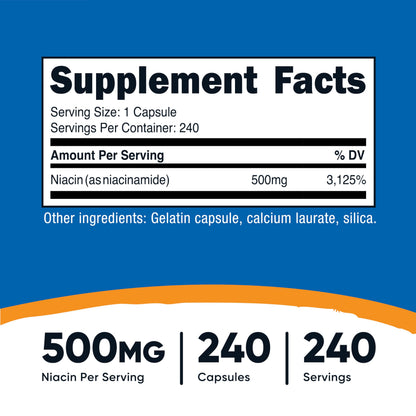 Nutricost Niacinamide 500mg (Vitamin B3) – 240 Capsules | Non-GMO, Gluten Free, Flush Free