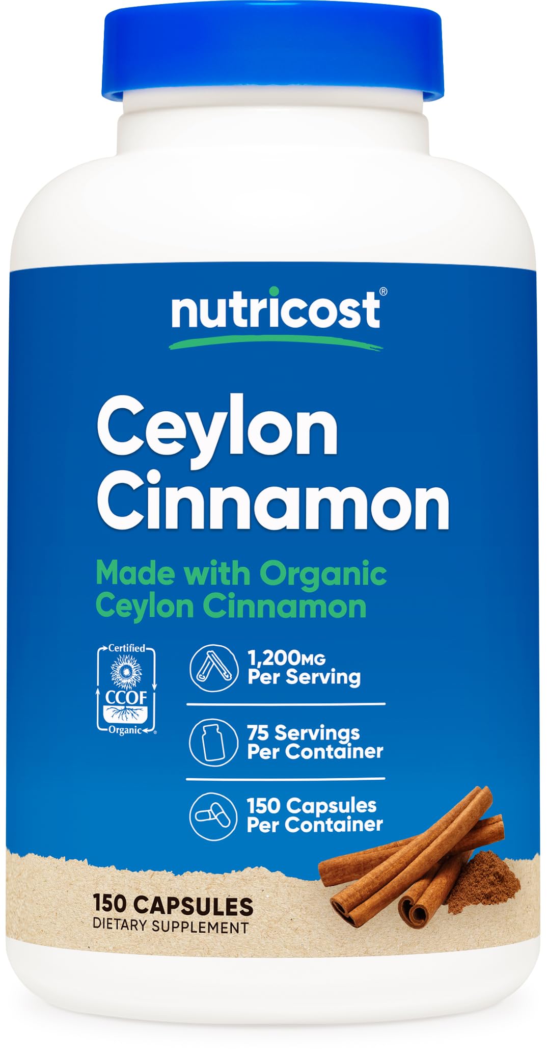 Nutricost Organic Cinnamon (Ceylon) 1200mg – 150 Veg Capsules | Gluten Free & Non-GMO