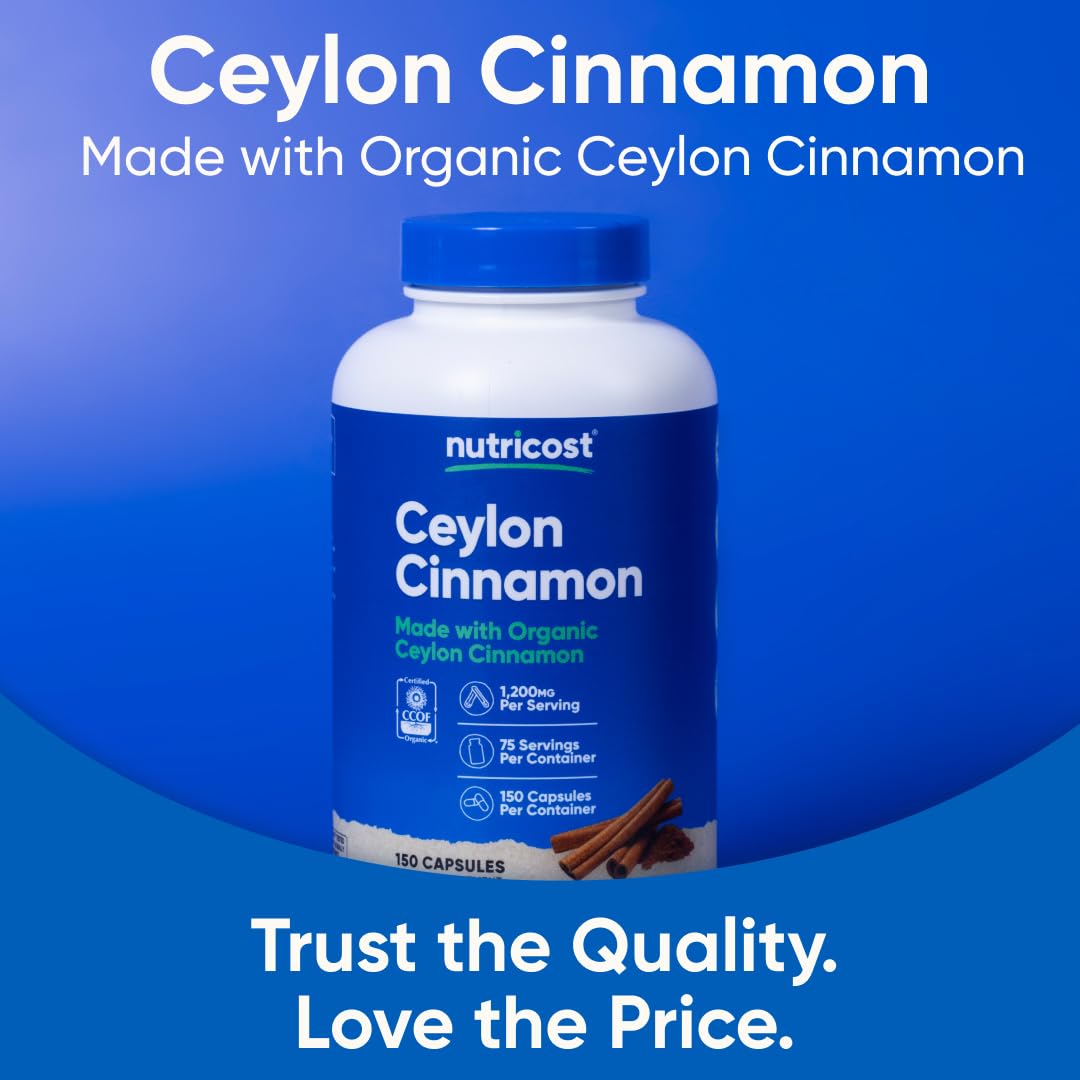 Nutricost Organic Cinnamon (Ceylon) 1200mg – 150 Veg Capsules | Gluten Free & Non-GMO