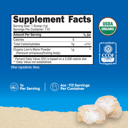 Nutricost Organic Lion's Mane Mushroom Powder 4oz | USDA Organic