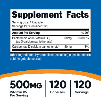 Nutricost Pantothenic Acid (Vitamin B5) 500mg, 120 Capsules | Non-GMO & Gluten Free