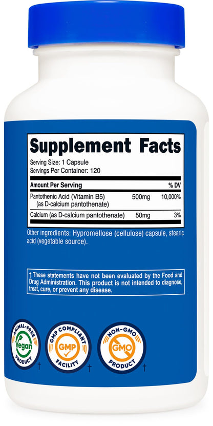 Nutricost Pantothenic Acid (Vitamin B5) 500mg, 120 Capsules | Non-GMO & Gluten Free