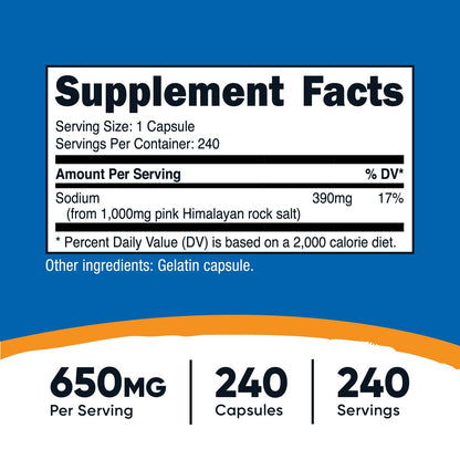 Nutricost Pink Himalayan Salt Capsules 1000mg – 390mg Sodium, 240 Capsules | Non-GMO, Gluten Free