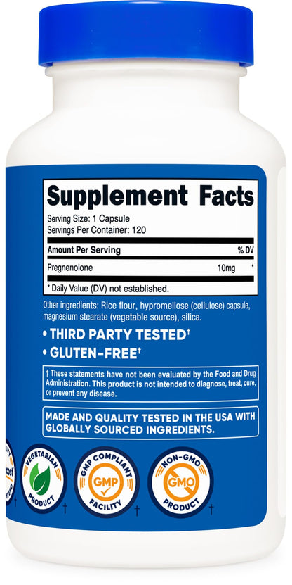 Nutricost Pregnenolone 10mg, 120 Capsules – Non-GMO, Gluten Free, Vegetarian Capsules