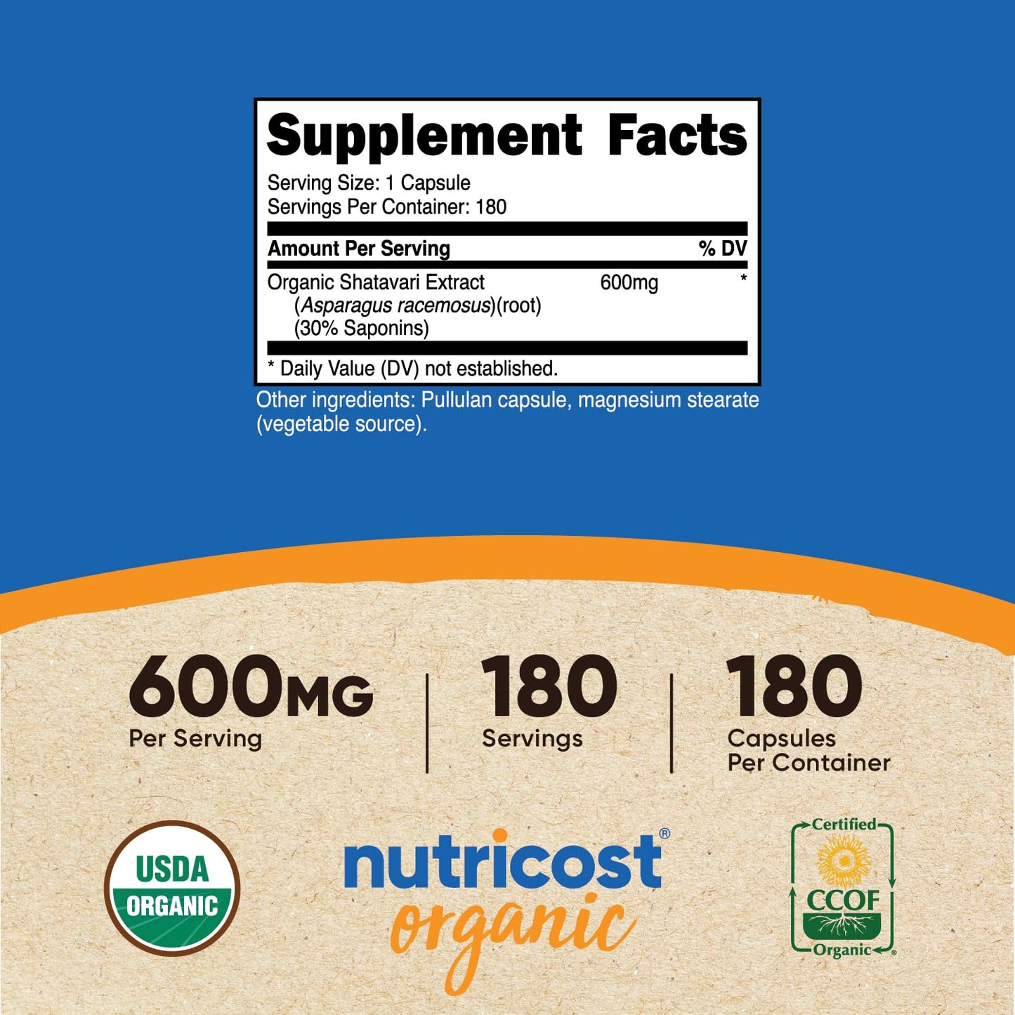 Nutricost Shatavari 600mg - 180 Capsules, 180 Servings | CCOF Organic, Non-GMO, Gluten Free, Vegetarian Friendly