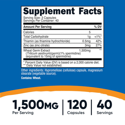 Nutricost Spermidine Wheat Germ Extract Supplement - 1500mg, 120 Capsules, 40 Servings