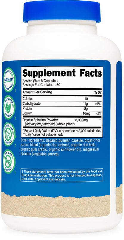 Nutricost Spirulina 3,000mg – 180 Capsules, 30 Servings | CCOF Organic, Gluten Free