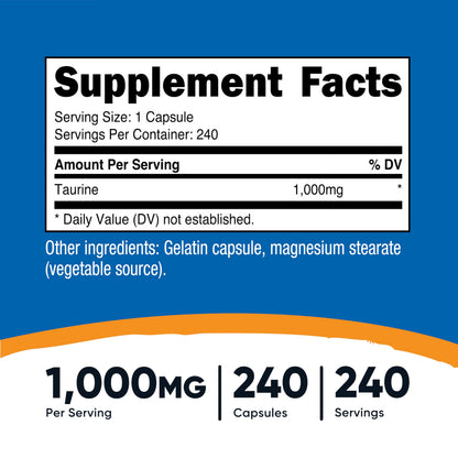 Nutricost Taurine 1000mg Capsules – 240 Count, Non-GMO & Gluten Free