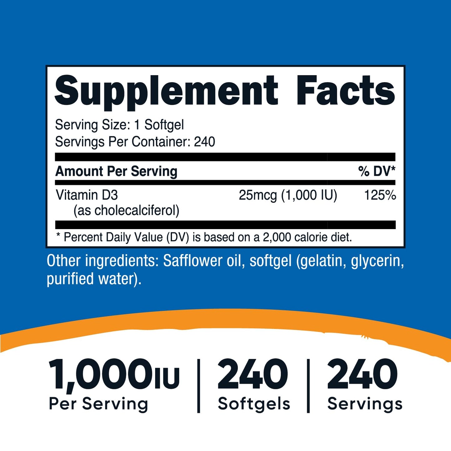 Nutricost Vitamin D3 1000 IU Softgels – 240 Softgels, Non-GMO & Gluten Free