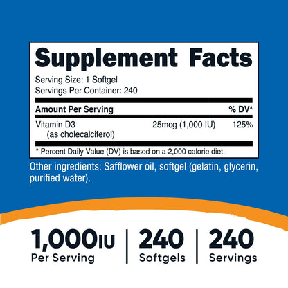 Nutricost Vitamin D3 1000 IU Softgels – 240 Softgels, Non-GMO & Gluten Free