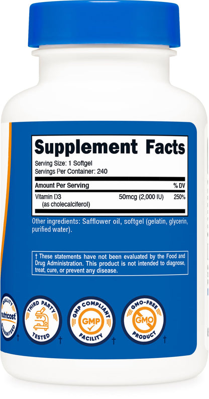 Nutricost Vitamin D3 2000 IU Softgels – 240 Softgels – Non-GMO & Gluten Free