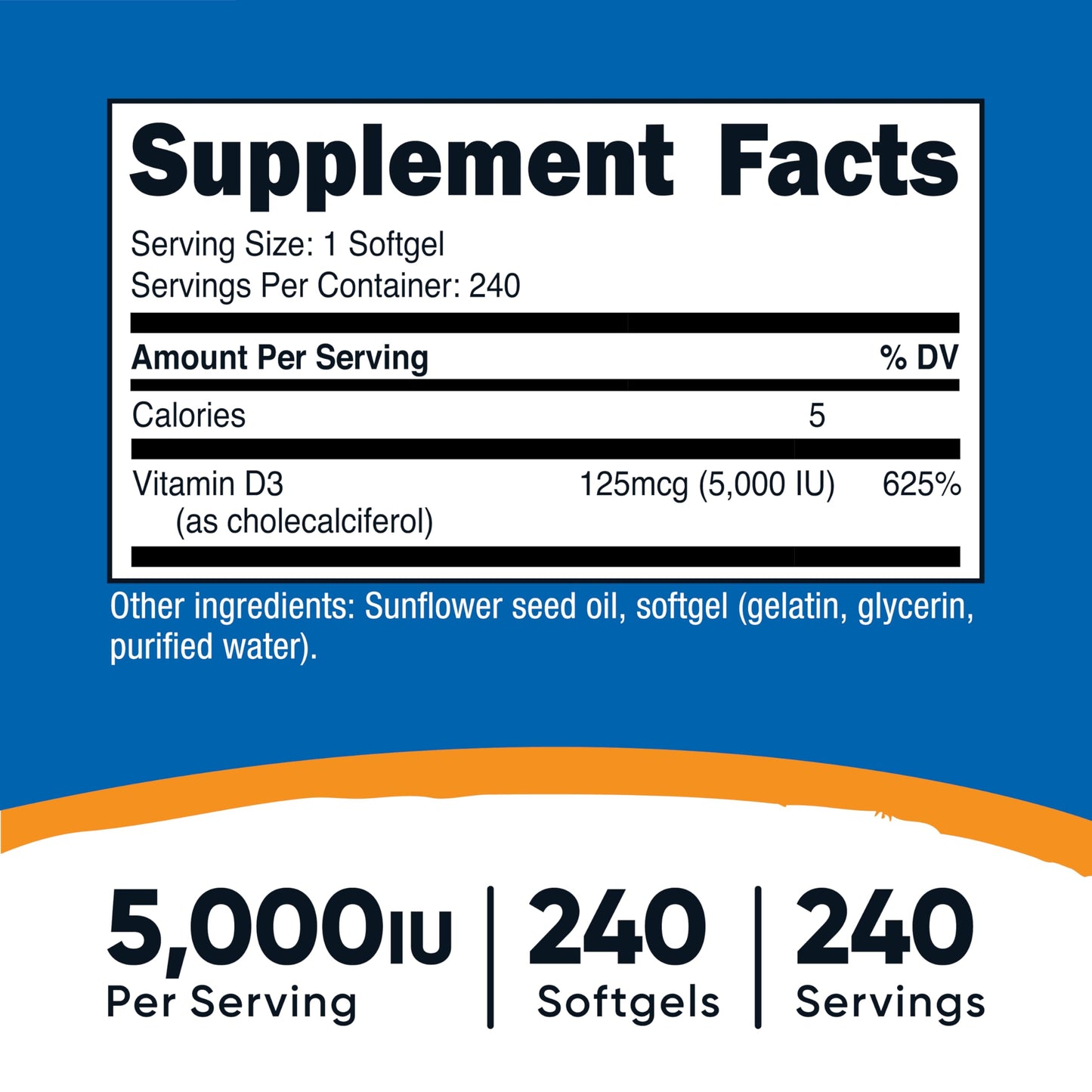 Nutricost Vitamin D3 5000 IU (125 mcg) - 240 Softgels | Non-GMO & Gluten Free