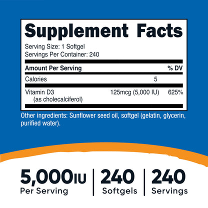 Nutricost Vitamin D3 5000 IU (125 mcg) - 240 Softgels | Non-GMO & Gluten Free