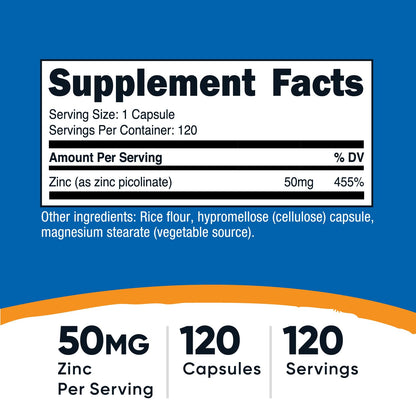 Nutricost Zinc Picolinate 50mg - 120 Vegetarian Capsules | Gluten Free & Non-GMO
