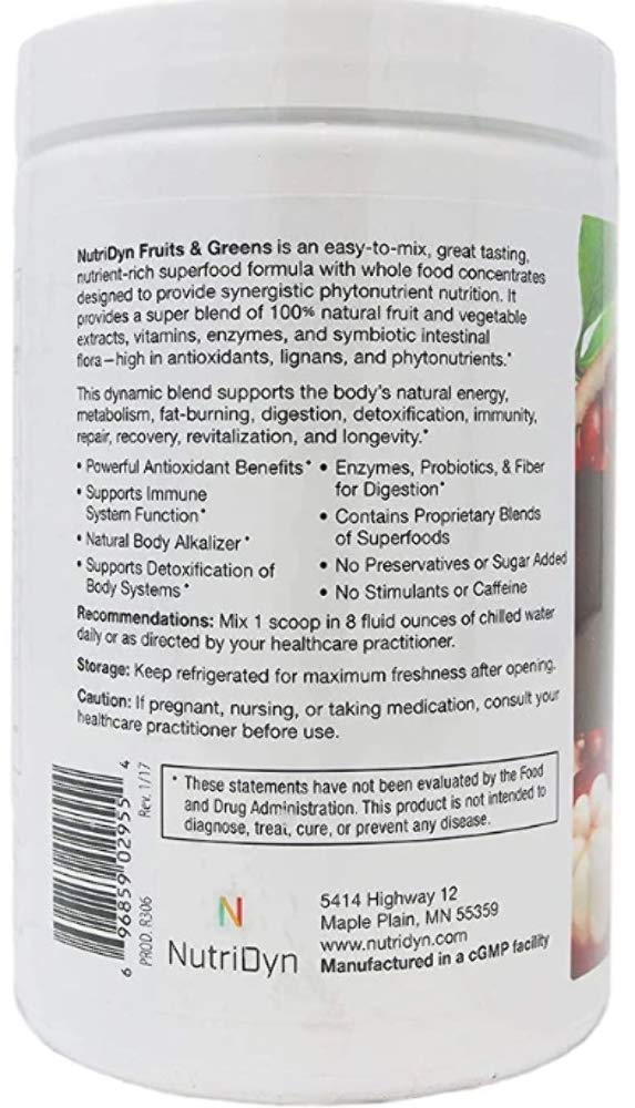 NutriDyn Fruits & Greens Berry Flavor Certified Organic Daily Drink with Acai, Goji, Pomegranate & Super Fruits – 304.8 g