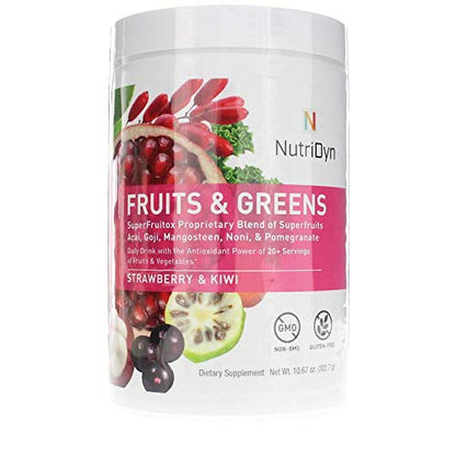 NutriDyn Fruits & Greens Strawberry/Kiwi – Certified Organic 300g with Acai, Goji, Mangosteen & Noni