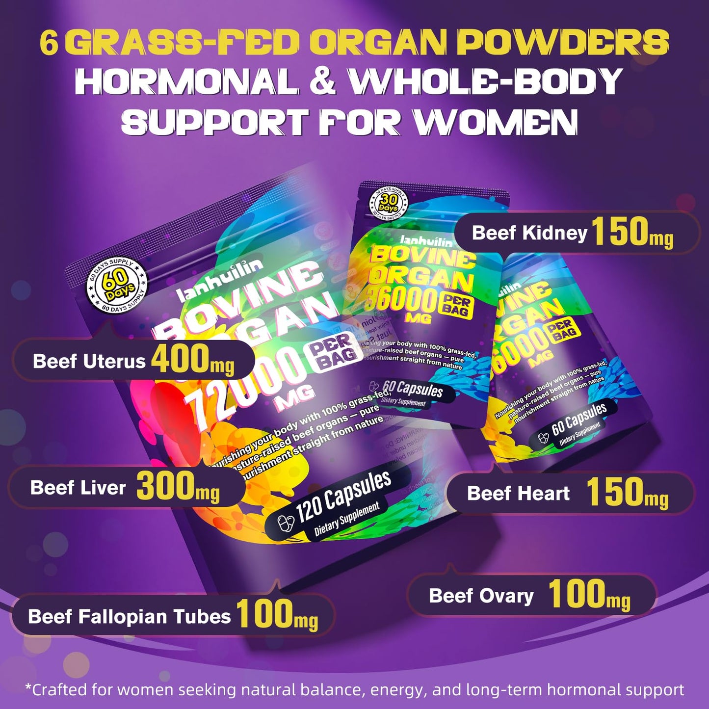 Lanhuilin Beef Organ Supplement for Women – Grass-Fed Liver, Kidney, Heart & More (120 Caps)