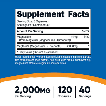 Nutricost Magnesium L-Threonate (Magtein) 2000mg – 120 Capsules – Non-GMO, Gluten Free, Vegetarian Friendly