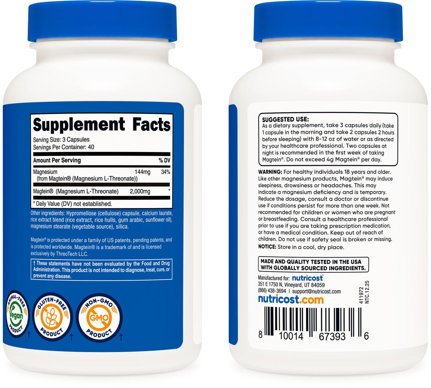 Nutricost Magnesium L-Threonate (Magtein) 2000mg – 120 Capsules – Non-GMO, Gluten Free, Vegetarian Friendly
