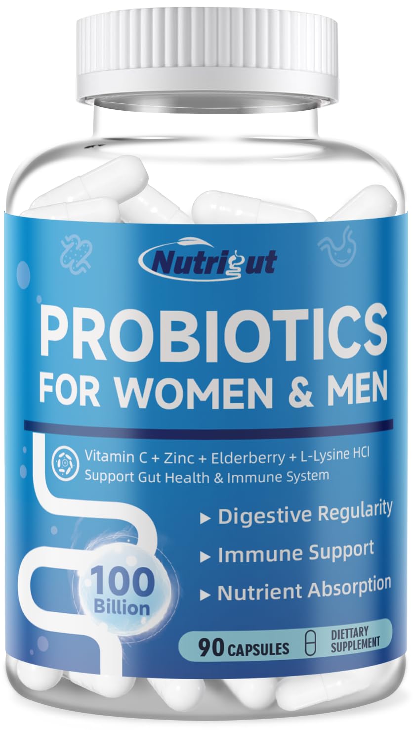 NutriGut Probiotics for Women & Men – 100 Billion CFUs, 90 Veggie Caps | Gut Health & Immune Support