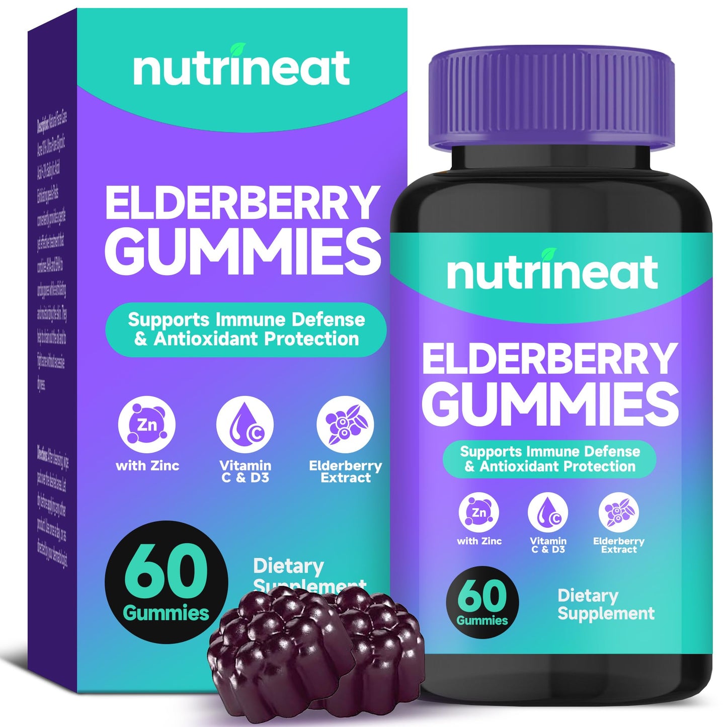 NutriNeat Elderberry Gummies – Immune Support with Vitamin C, D3 & Zinc (60 Gummies)