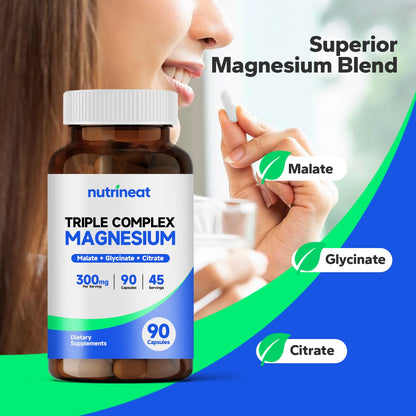 NutriNeat Triple Magnesium Complex – 90 Capsules | 300mg Mg Glycinate/Citrate/Malate | Vegan & Non-GMO