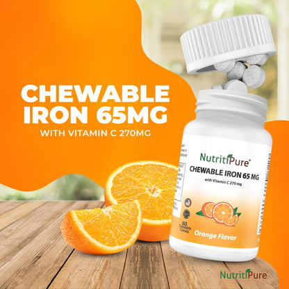 NutritiPure Chewable Iron 65 mg with Vitamin C 270 mg – Orange Flavor, 60 Count