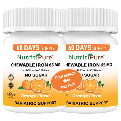 NutritiPure Chewable Iron 65 mg with Vitamin C 270 mg – Orange Flavor, 60 Count