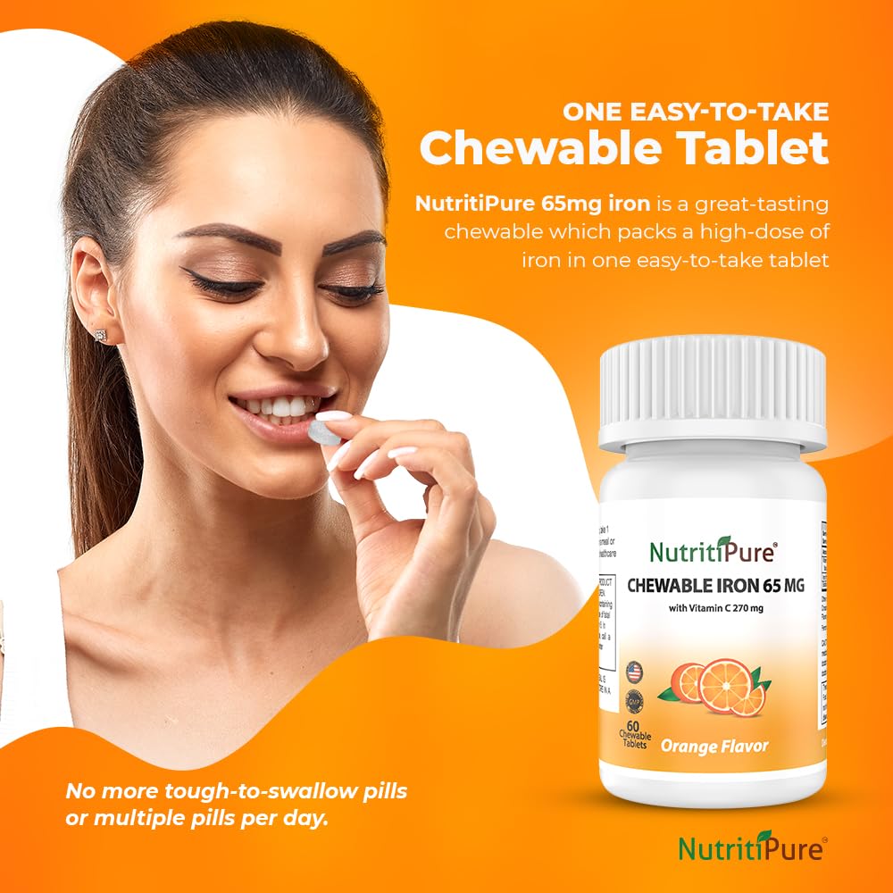 NutritiPure Chewable Iron 65 mg with Vitamin C 270 mg – Orange Flavor, 60 Count