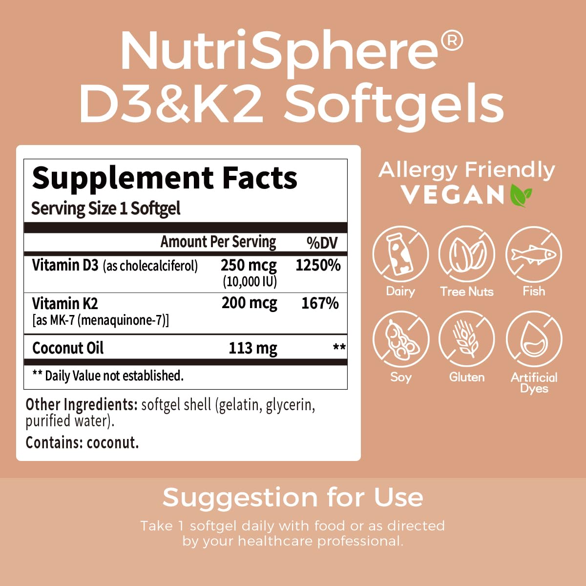 NutriSphere Vitamin D3 and K2 MK-7 – 365 Softgels, 10,000 IU D3 / 200 mcg K2 MK-7