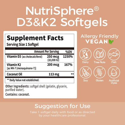 NutriSphere Vitamin D3 and K2 MK-7 – 365 Softgels, 10,000 IU D3 / 200 mcg K2 MK-7