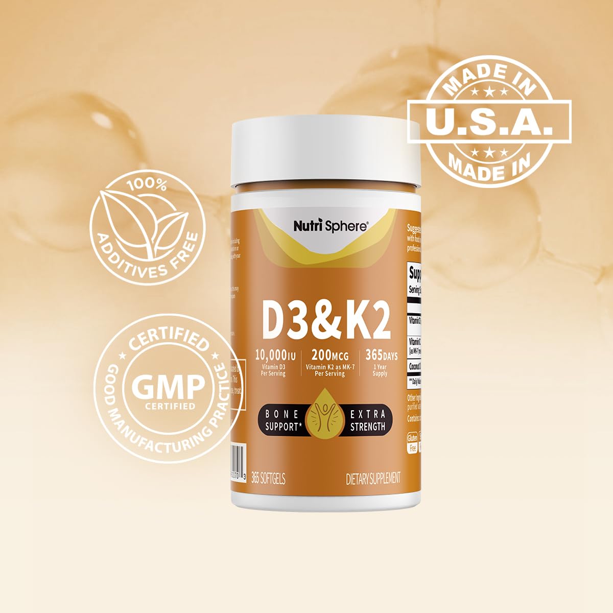 NutriSphere Vitamin D3 and K2 MK-7 – 365 Softgels, 10,000 IU D3 / 200 mcg K2 MK-7