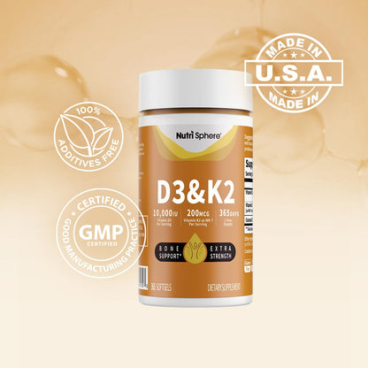 NutriSphere Vitamin D3 and K2 MK-7 – 365 Softgels, 10,000 IU D3 / 200 mcg K2 MK-7