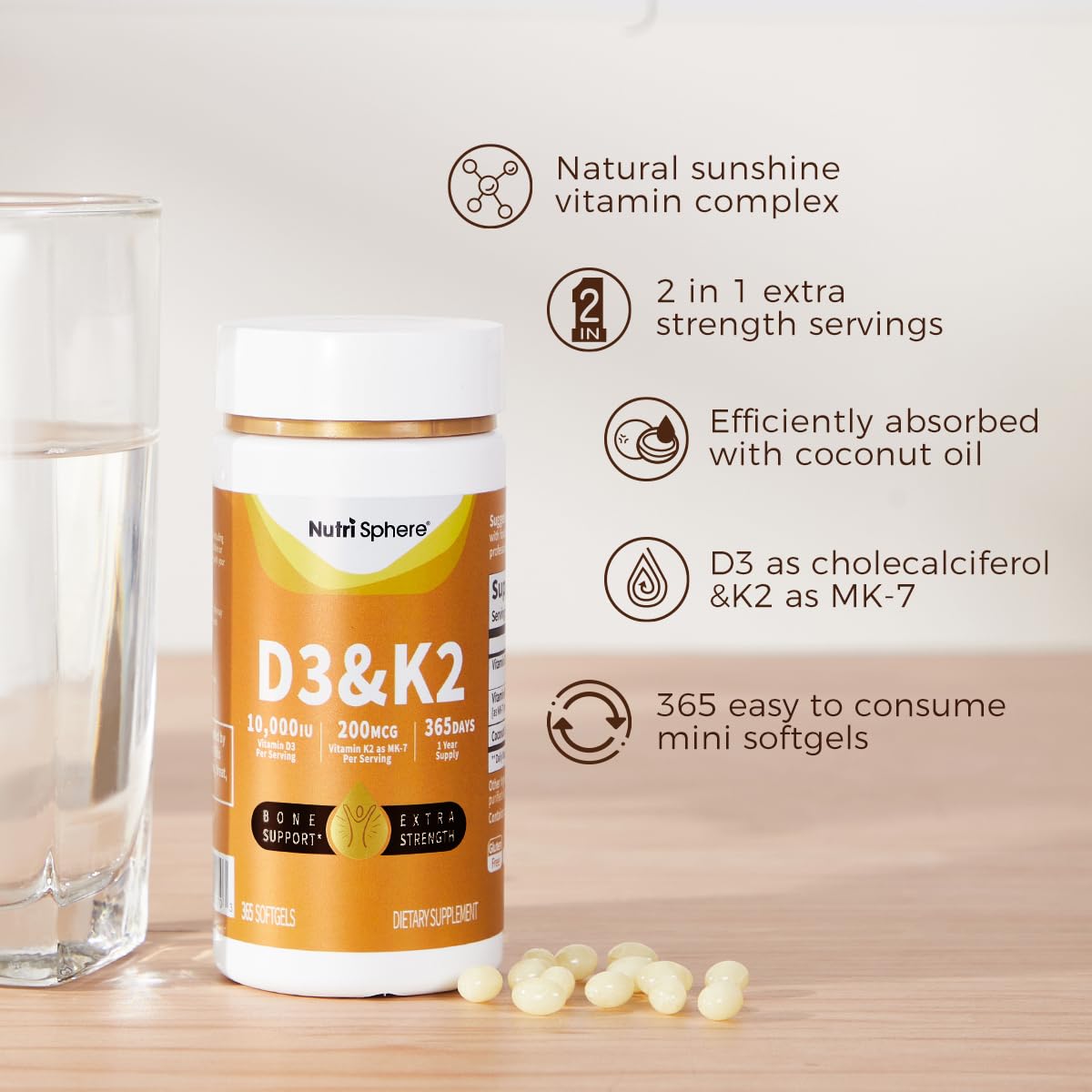 NutriSphere Vitamin D3 and K2 MK-7 – 365 Softgels, 10,000 IU D3 / 200 mcg K2 MK-7
