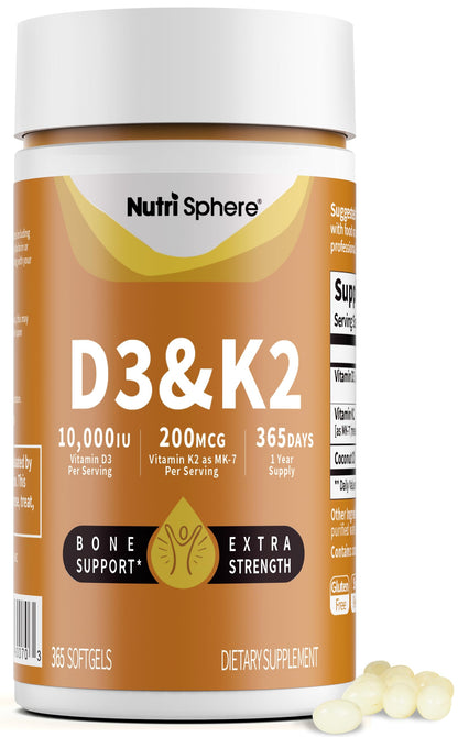 NutriSphere Vitamin D3 and K2 MK-7 – 365 Softgels, 10,000 IU D3 / 200 mcg K2 MK-7