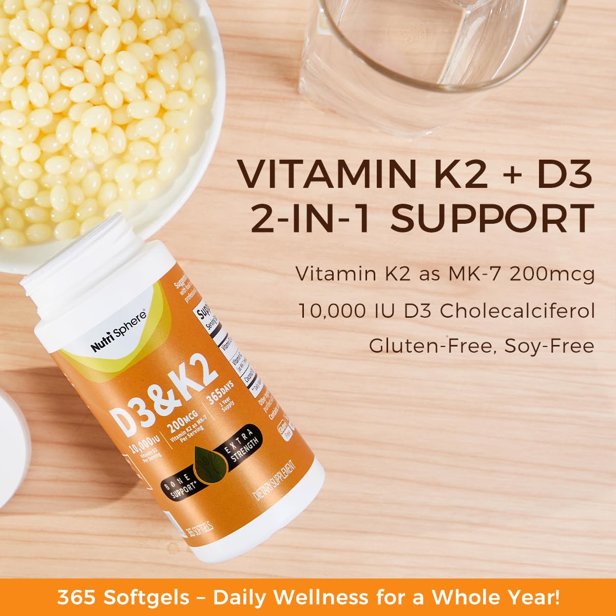 NutriSphere Vitamin D3 and K2 MK-7 – 365 Softgels, 10,000 IU D3 / 200 mcg K2 MK-7