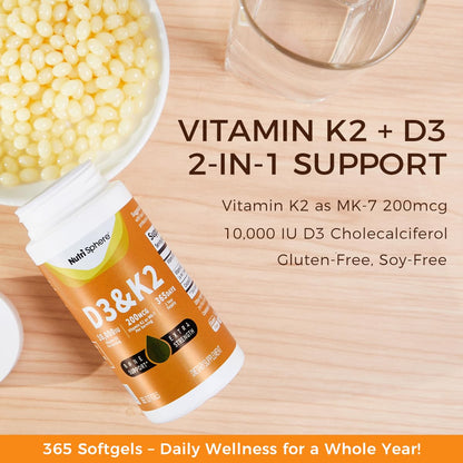 NutriSphere Vitamin D3 and K2 MK-7 – 365 Softgels, 10,000 IU D3 / 200 mcg K2 MK-7