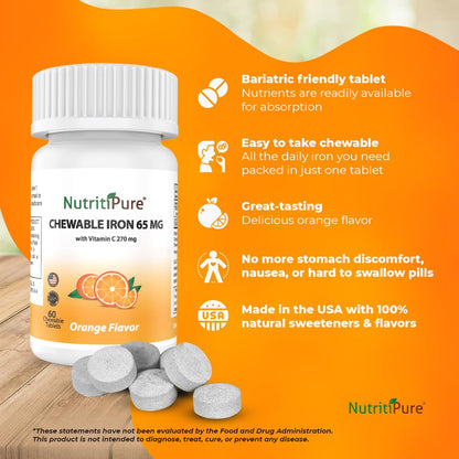 NutritiPure Chewable Iron 65 mg with Vitamin C 270 mg – Orange Flavor, 60 Count