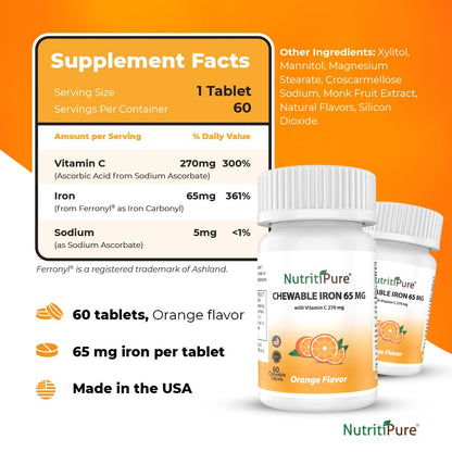 NutritiPure Chewable Iron 65 mg with Vitamin C 270 mg – Orange Flavor, 60 Count