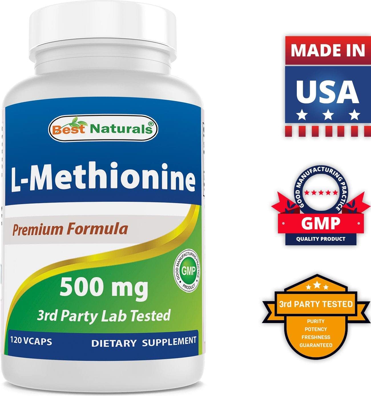 Best Naturals L-Methionine 500 mg - 120 Vegetarian Capsules | Non-GMO, Gluten-Free
