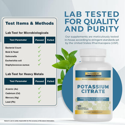 Nature's Lab Gold Potassium Citrate - Nerve, Muscle & Heart Health Support | 250mg Potassium Citrate, 120 Capsules (120 Day Supply)