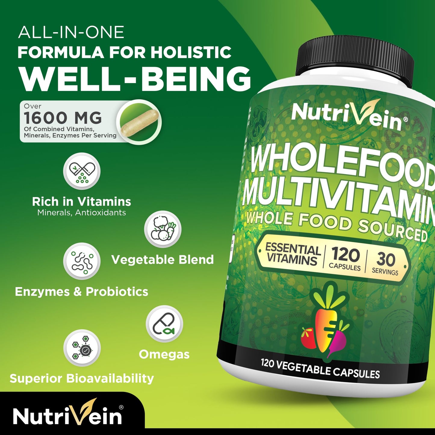 Nutrivein Whole Food Multivitamin for Men & Women – 120 Vegan Caps | Immune, Heart & Energy Support