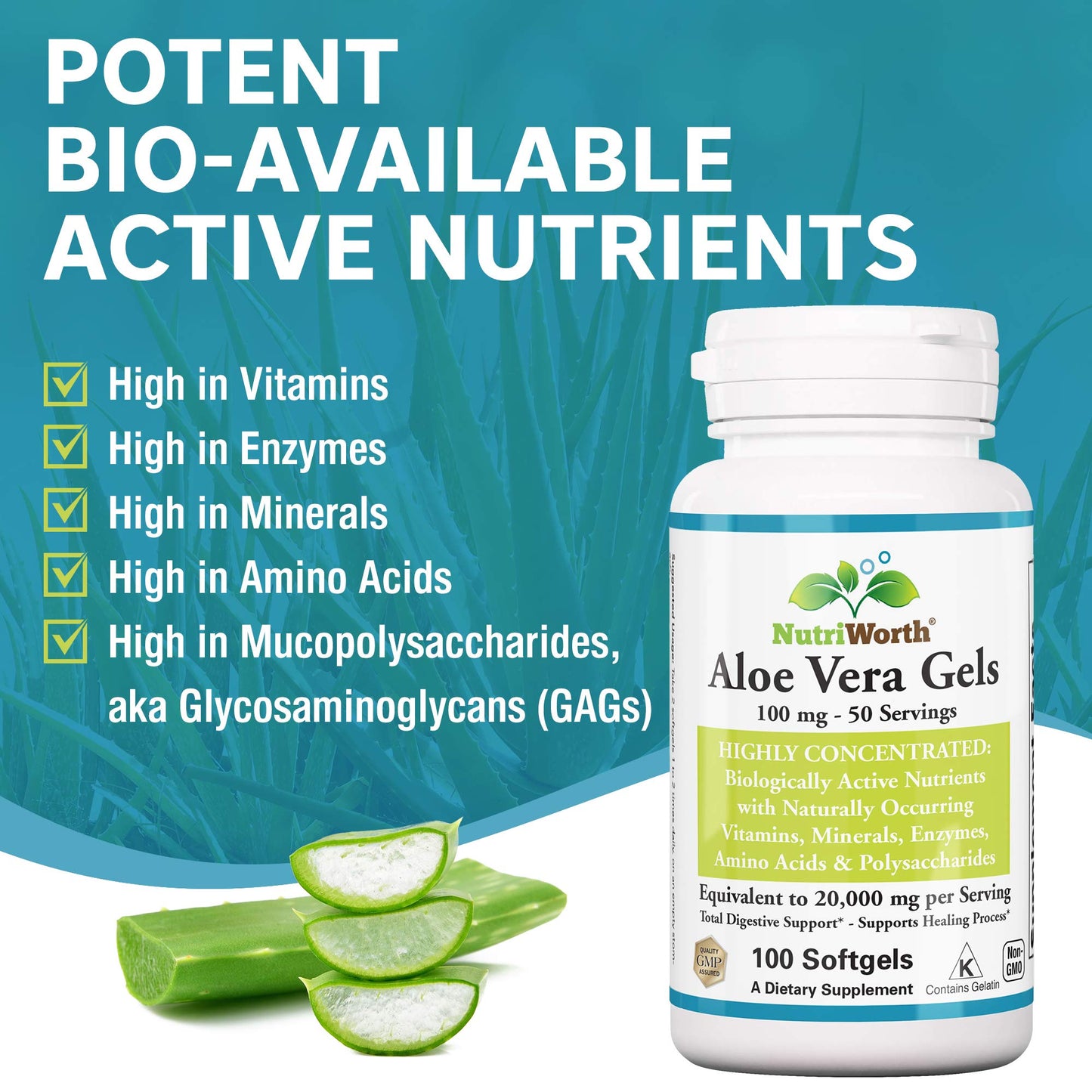 NutriWorth Aloe Vera Supplement (100 Softgels) – 20,000mg Pure Gel Equivalency, Organic Aloe Vera