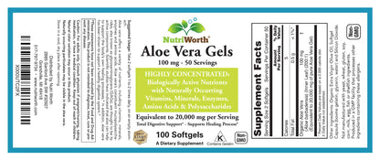 NutriWorth Aloe Vera Supplement (100 Softgels) – 20,000mg Pure Gel Equivalency, Organic Aloe Vera