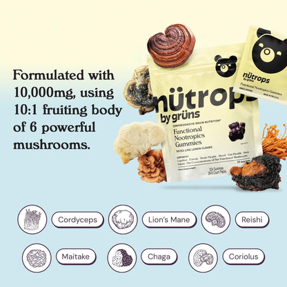 Grüns Nutrops Sugar-Free Lions Mane Gummies — Focus, Energy & Brain Health (28 Day Supply)