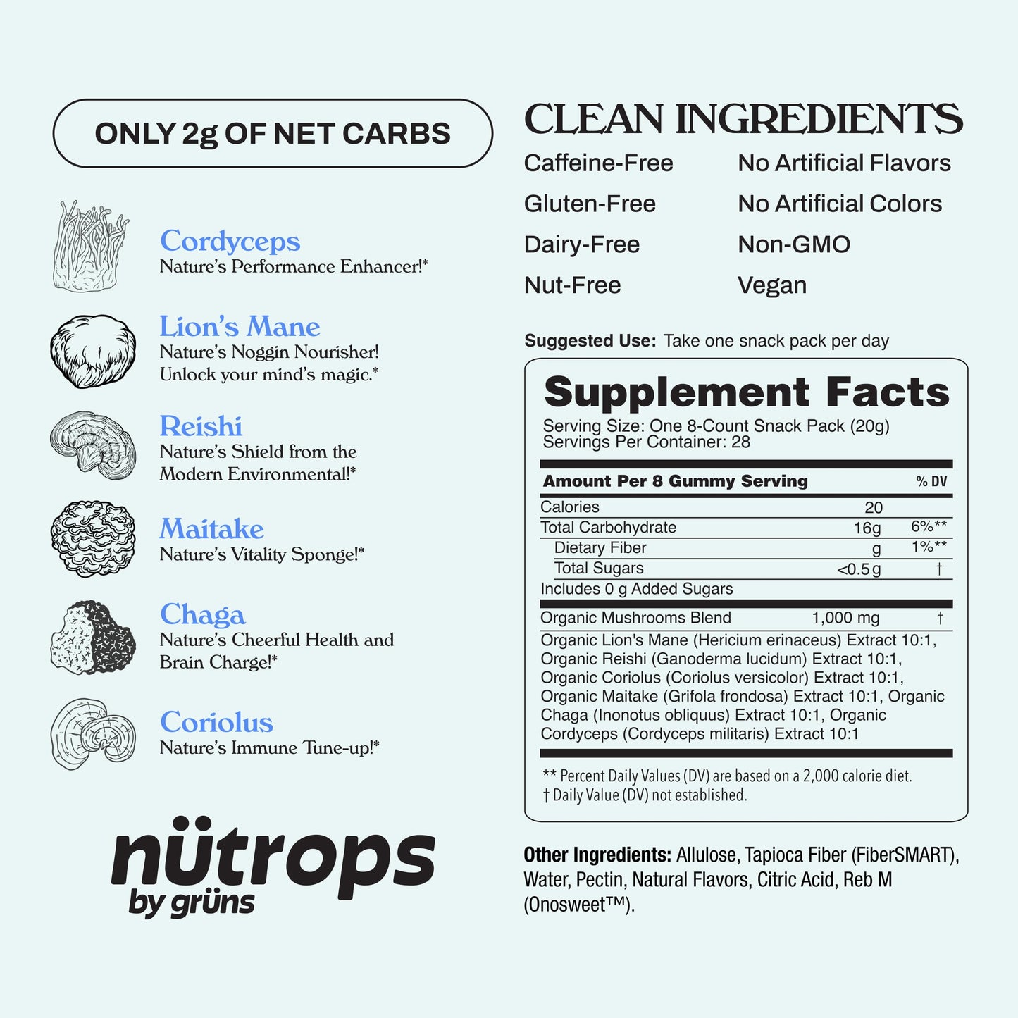 Grüns Nutrops Sugar-Free Lions Mane Gummies — Focus, Energy & Brain Health (28 Day Supply)