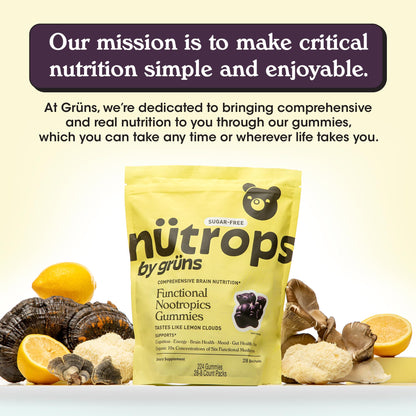 Grüns Nutrops Sugar-Free Lions Mane Gummies — Focus, Energy & Brain Health (28 Day Supply)
