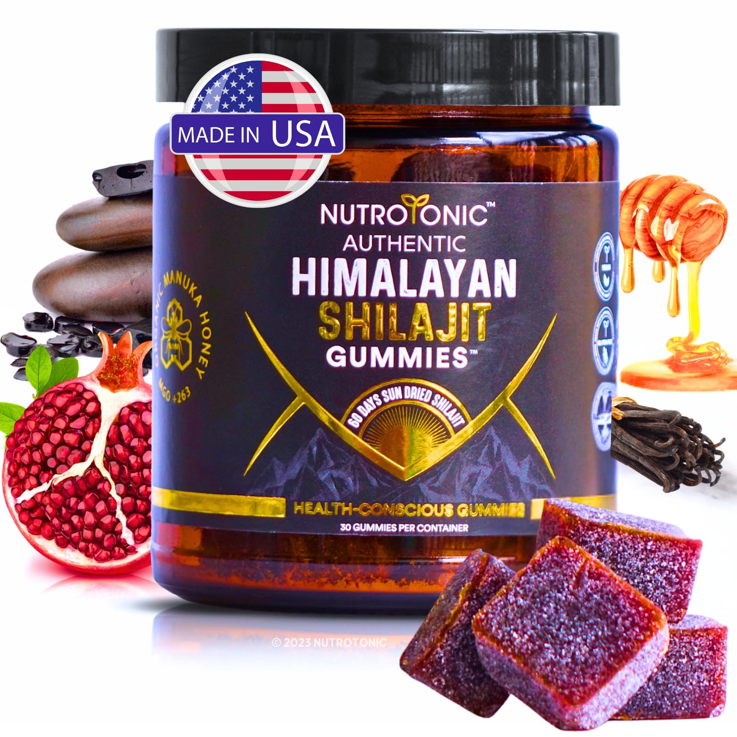 NutroTonic Organic Himalayan Shilajit Gummies – Pomegranate & Vanilla Flavor | Made in USA